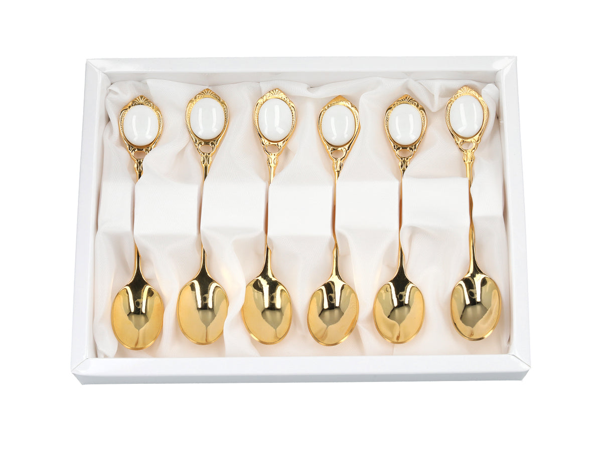 Zestaw 6 łyżeczek powlekanych 24K złotem Białe oczka CARMANI z możliwością personalizacji grawerem - elegancki prezent na każdą okazję, wymiary 13 cm