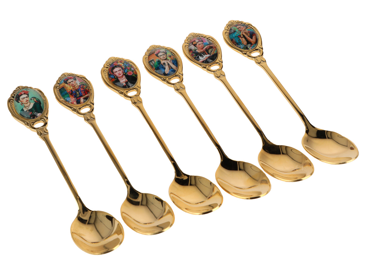 Zestaw 6 łyżeczek powlekanych 24K złotem F. Kahlo z możliwością personalizacji grawerem - eleganckie sztućce na prezent, 13 cm, CARMANI