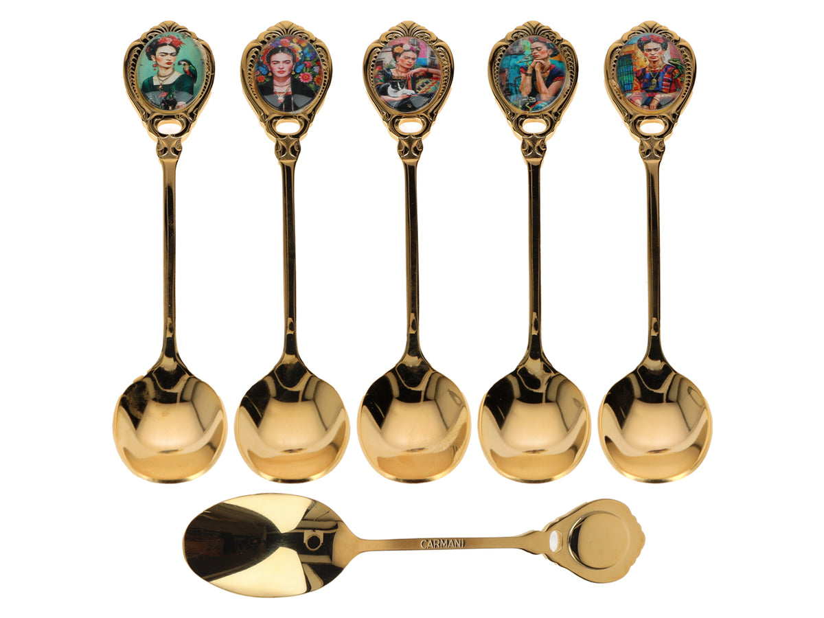 Zestaw 6 łyżeczek powlekanych 24K złotem F. Kahlo z możliwością personalizacji grawerem - eleganckie sztućce na prezent, 13 cm, CARMANI