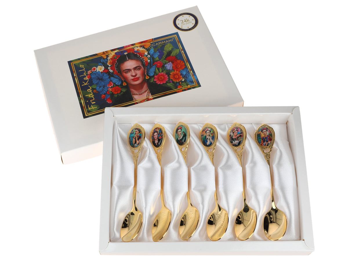 Zestaw 6 łyżeczek powlekanych 24K złotem F. Kahlo z możliwością personalizacji grawerem - eleganckie sztućce na prezent, 13 cm, CARMANI