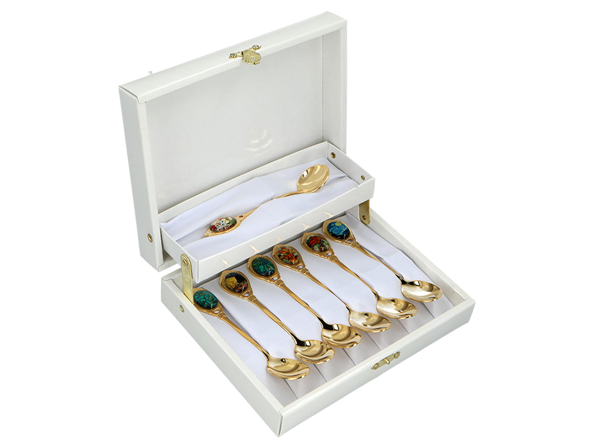 Zestaw 6 łyżeczek powlekanych 24K złotem z 1 łyżeczką do cukru - V. van Gogh, mix, możliwość personalizacji grawerem, eleganckie opakowanie na prezent, wymiary 13 cm