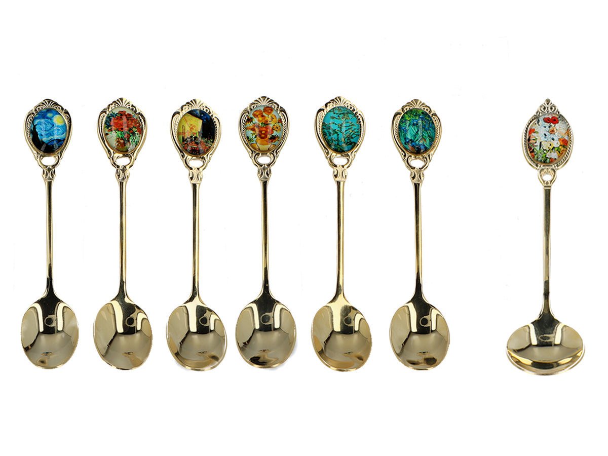 Zestaw 6 łyżeczek powlekanych 24K złotem z 1 łyżeczką do cukru - V. van Gogh, mix, możliwość personalizacji grawerem, eleganckie opakowanie na prezent, wymiary 13 cm