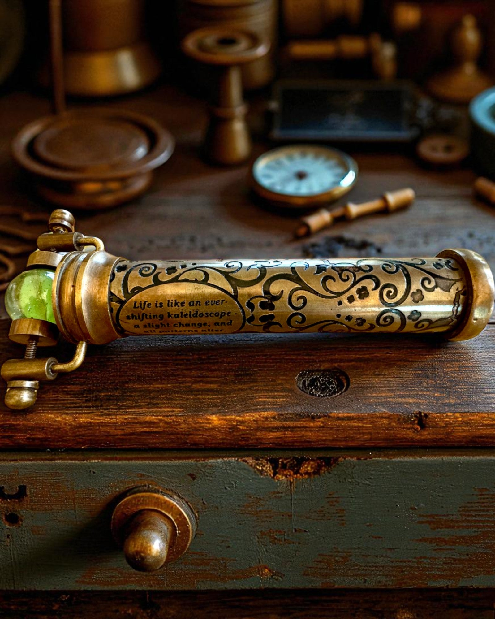 Vintage „Emerald Dreams” kaleidoszkóp, 15 cm – kézzel készített, személyre szabható gravírozással ajándékba