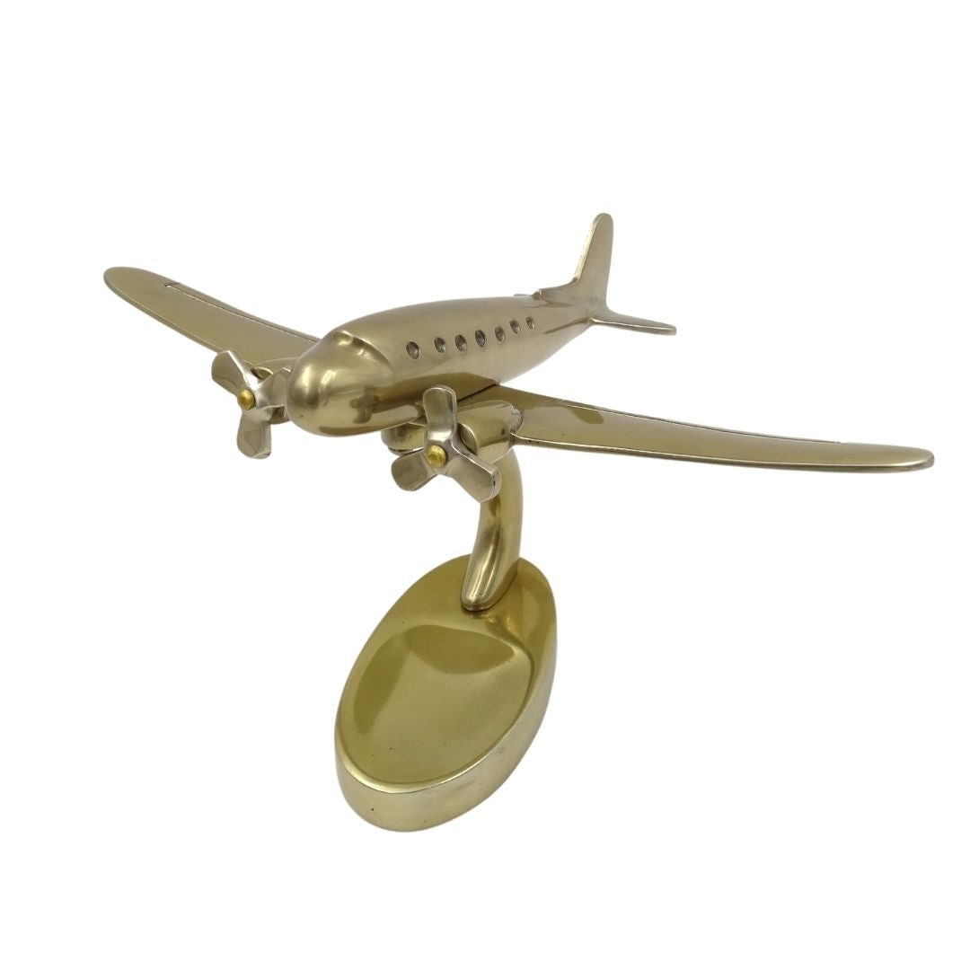 Duży metalowy model samolotu dwusilnikowego z możliwością personalizacji grawerem, złoty, 19,5 x 16,5 x 29 cm