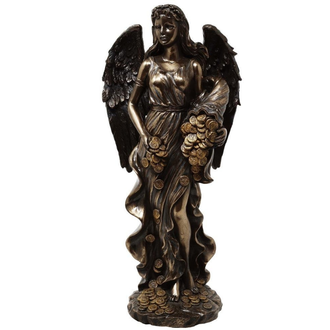 Fortuna, a szerencse és gazdagság istennője figura, 29cm, bőségszaruval - személyre szabott gravírozás ajándékra, elegáns dekoráció gyantakonglomerátumból, barna és réz árnyalatokban