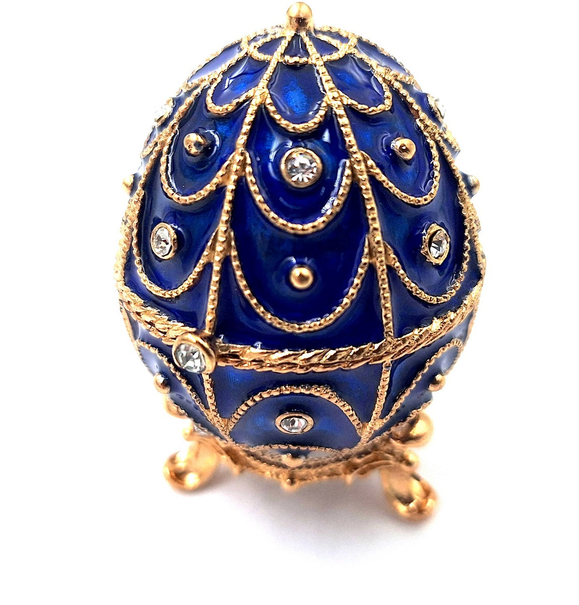 Exkluzív fém ékszerdoboz kristályokkal, Fabergé-tojás formában, sötétkék-arany, 5,5x6,5cm, gravírozással személyre szabható