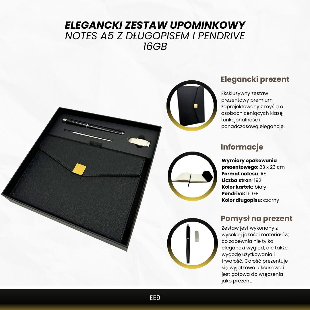 Elegancki Zestaw Prezentowy Premium z Personalizacją – Notes A5 Skórzany, Długopis i Pendrive 16GB w Czarno-Złotym Pudełku