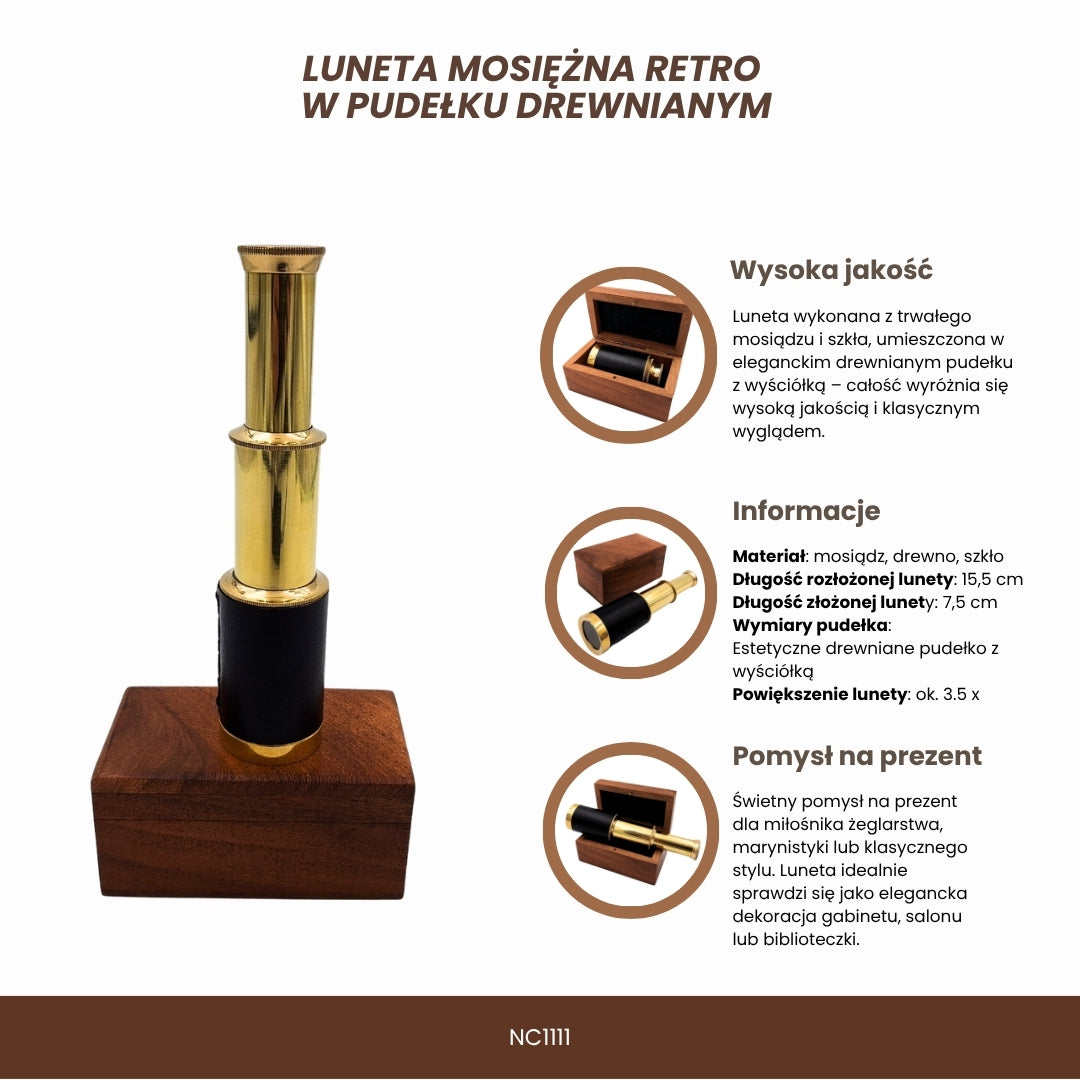 Retro sárgaréz távcső gravírozással, fadobozban