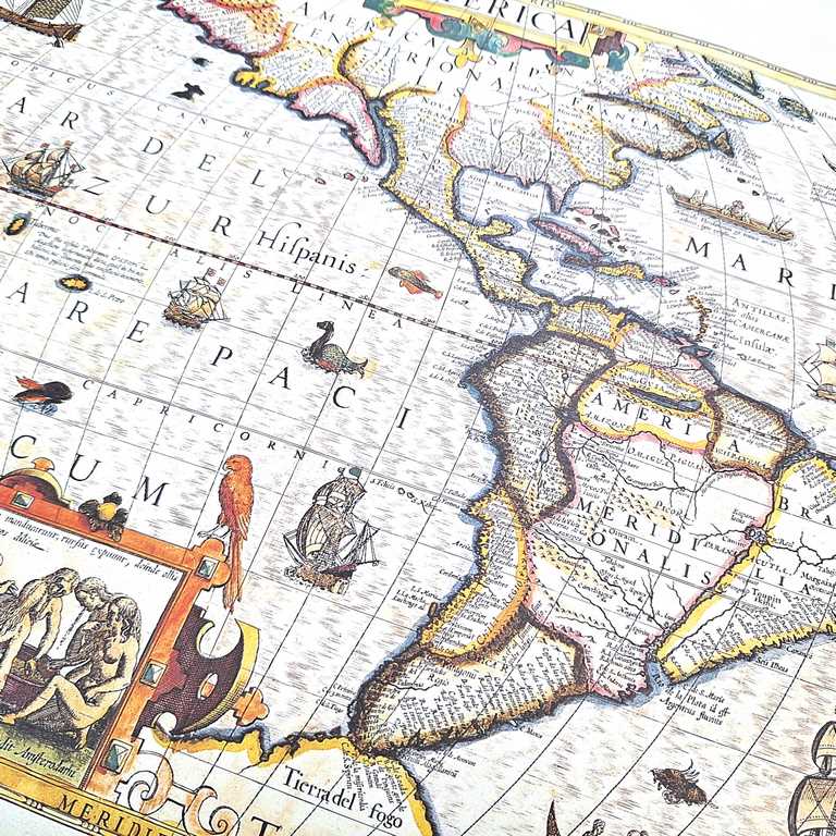 Amerika térképe, 1628. - J. Hondius reprint, személyre szabható gravírozással - ideális ajándék utazóknak és a történelem kedvelőinek - méretek: 37,5 x 50 cm