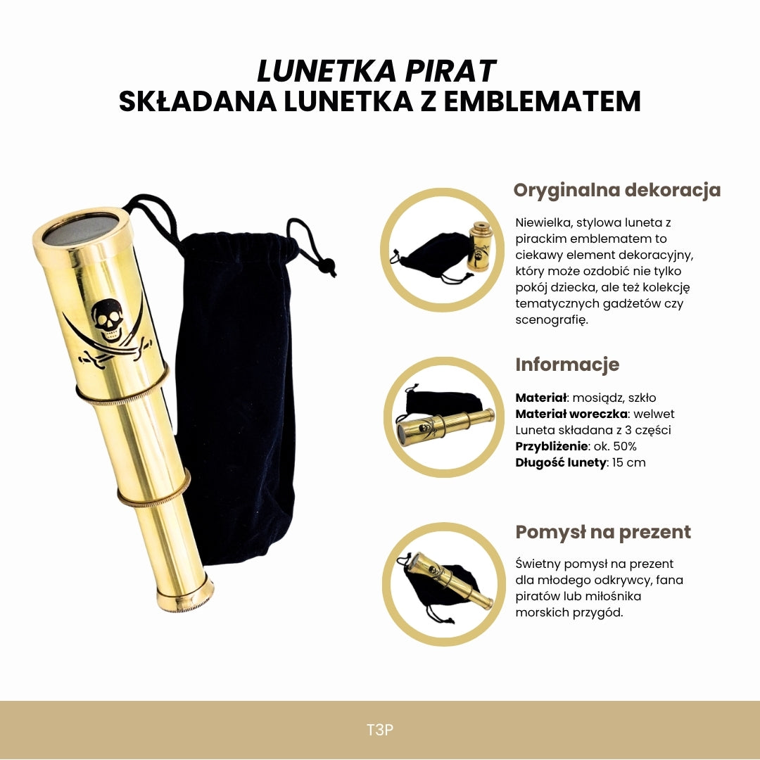 Pirat emblémás távcső – összecsukható sárgaréz távcső gravírozással – ideális ajándék fiatal tengeri felfedezőknek – magasság 15 cm, készlet bársonytasakkal