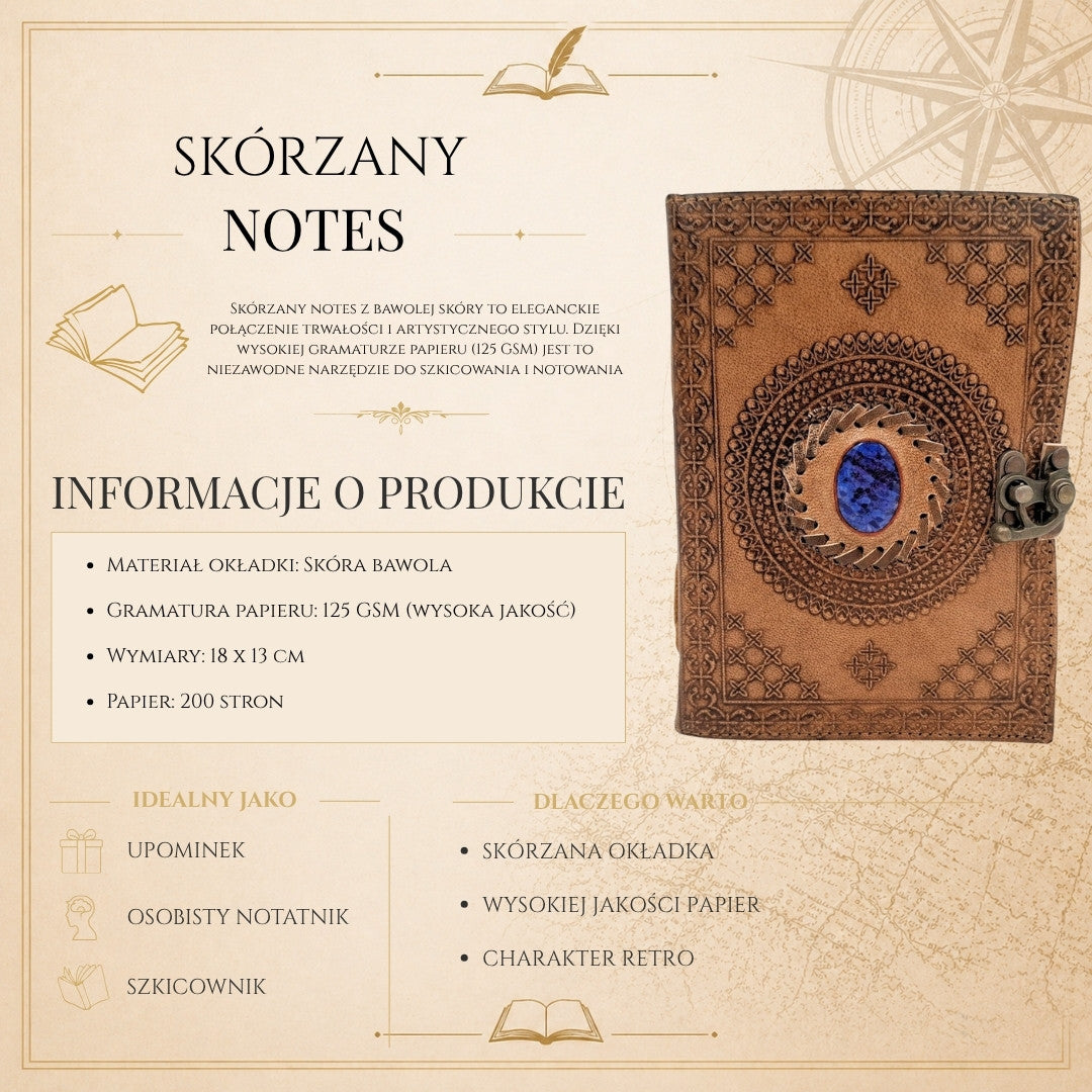 Notes Skórzany Retro z Kamieniem - Personalizowany Notatnik z Grawerem - Skóra Bawola, Brązowy, 18x13 cm