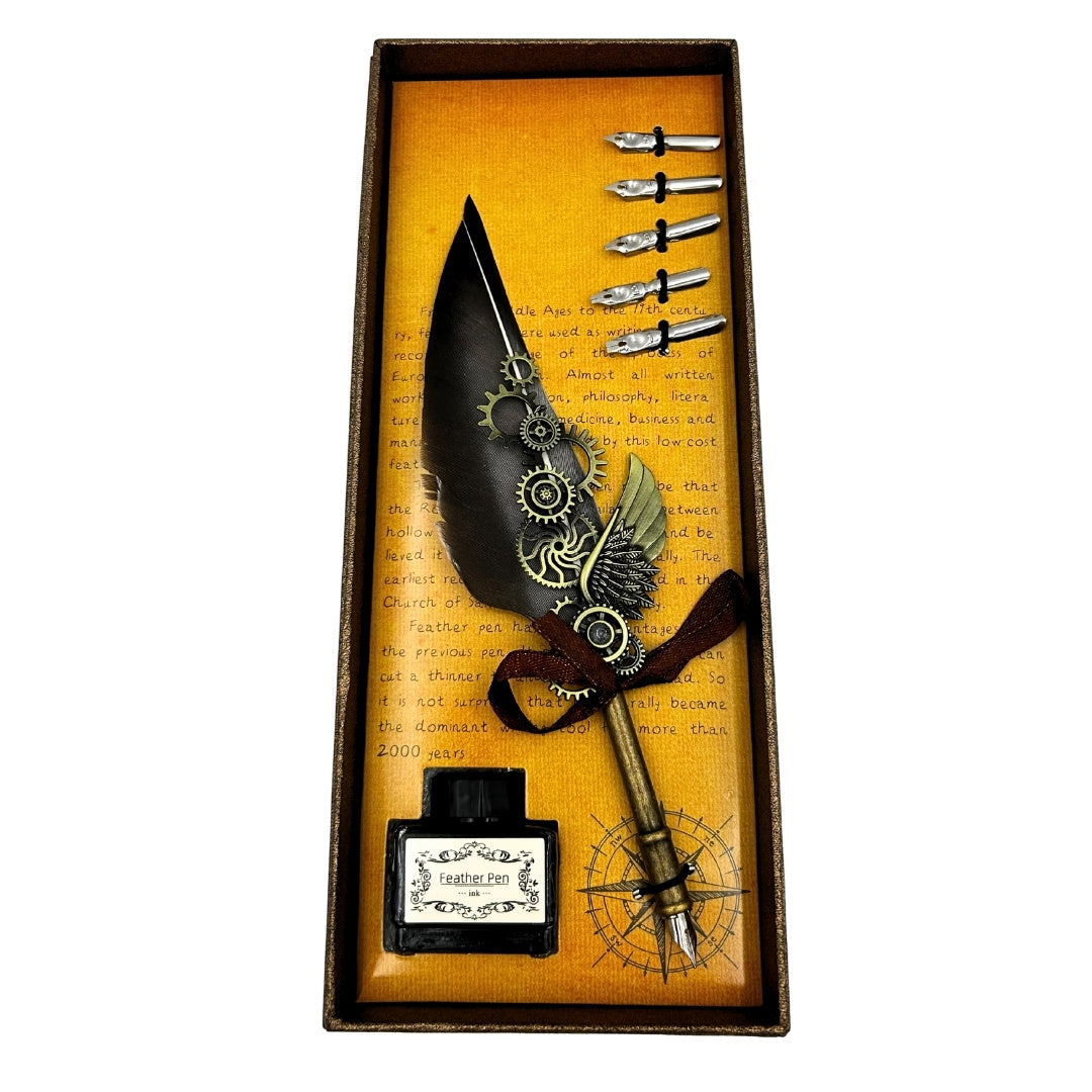 Elegancki Zestaw do Kaligrafii Retro z Piórem Gęsim Szarym, 6 Stalówek, Atramentem 15ml i Opcją Personalizacji Grawerem