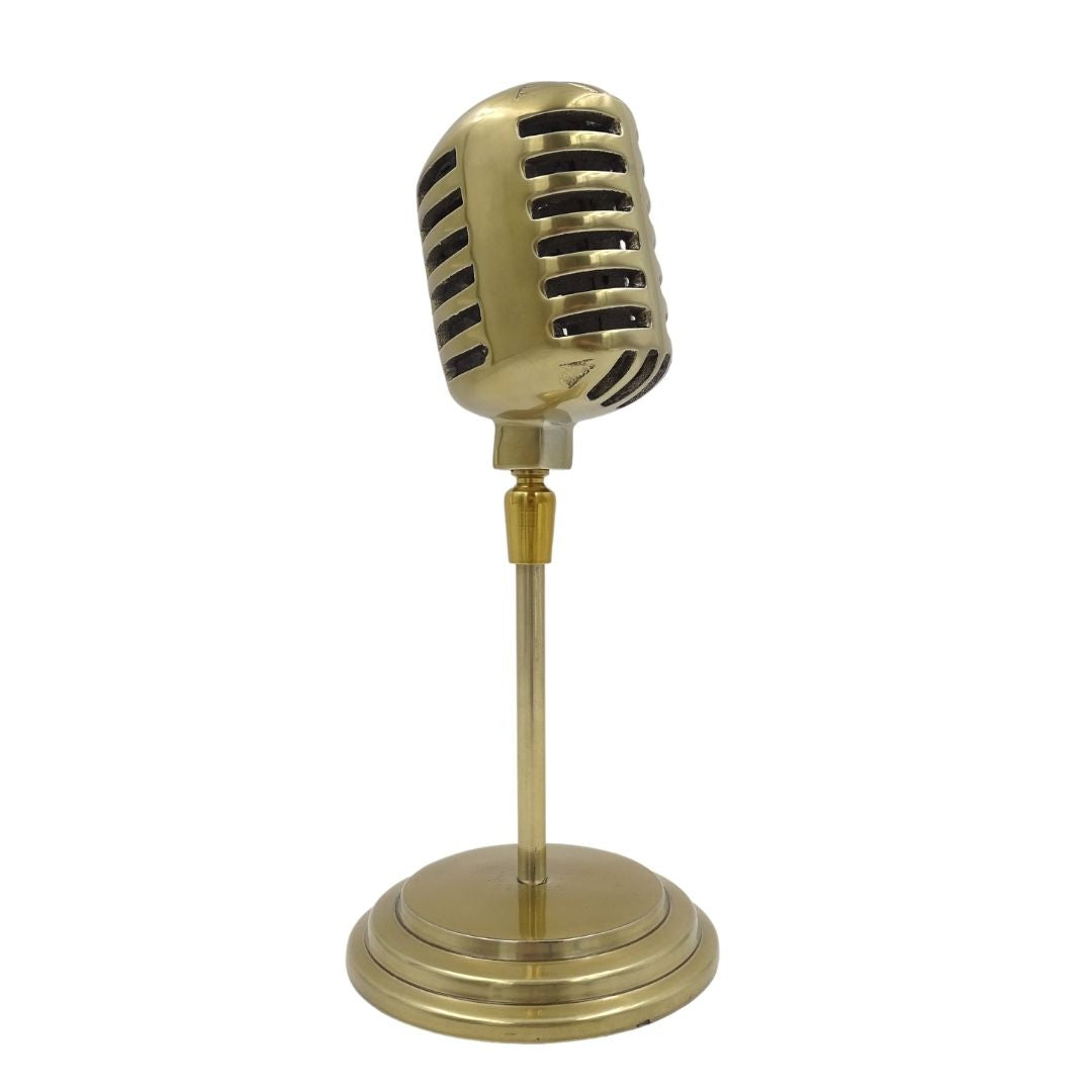 Retro mikrofon szobor gravírozással személyre szabható, aranyszínű, 25 cm