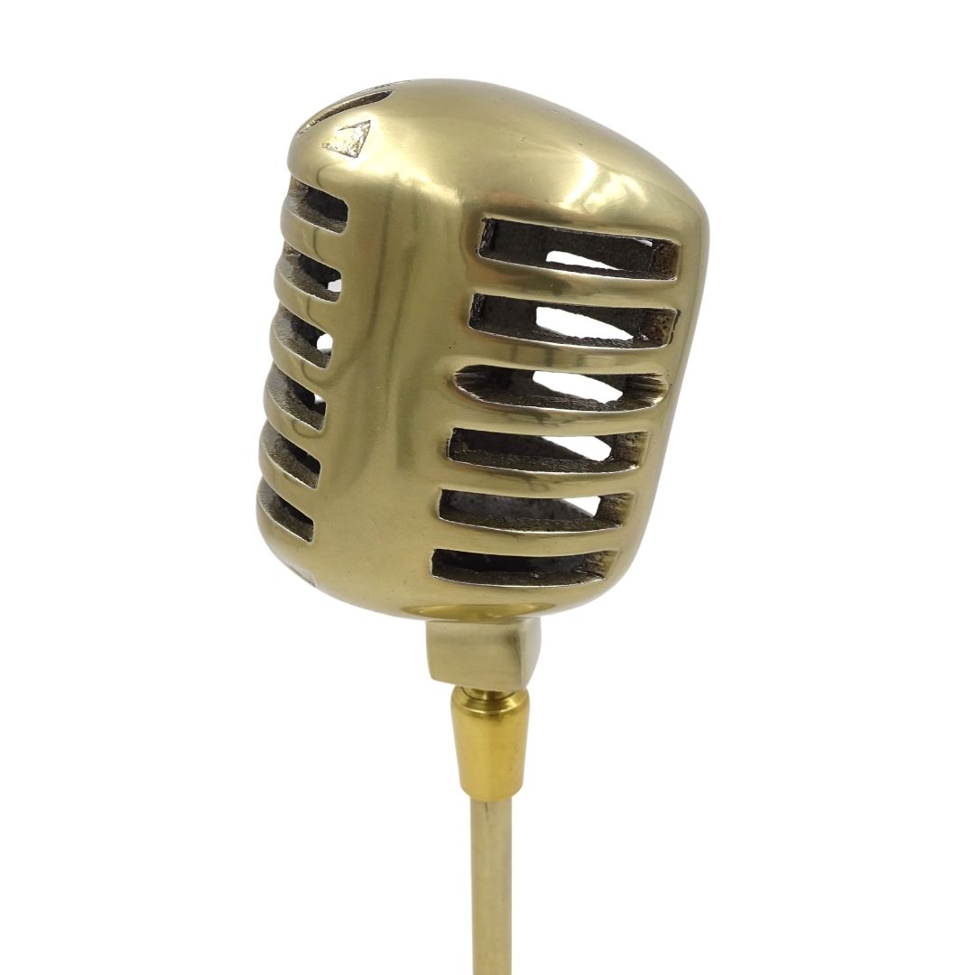 Retro mikrofon szobor gravírozással személyre szabható, aranyszínű, 25 cm