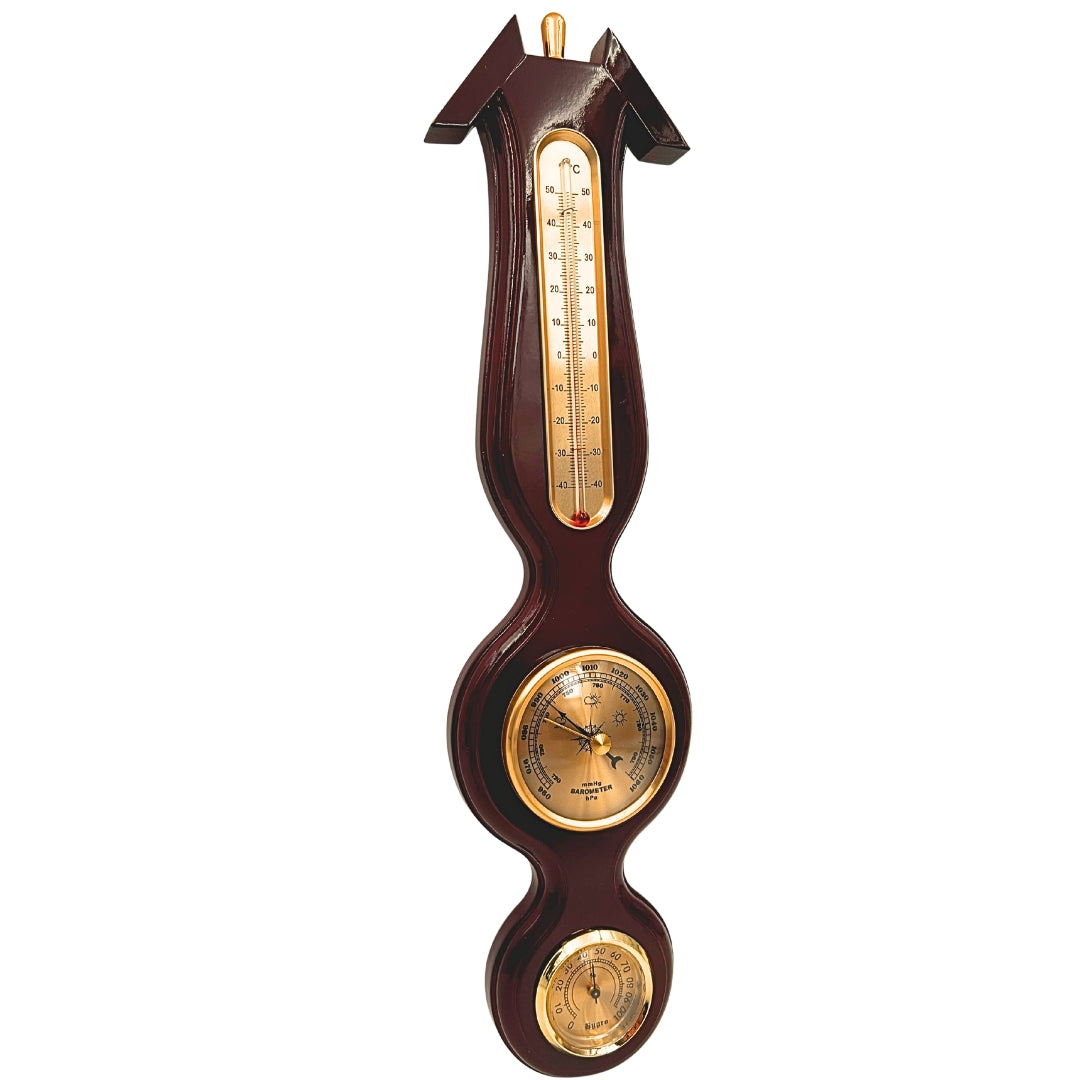 Elegáns 3 az 1-ben időjárás-állomás gravírozással – hőmérő, barométer, higrométer sötét fában, 40cm