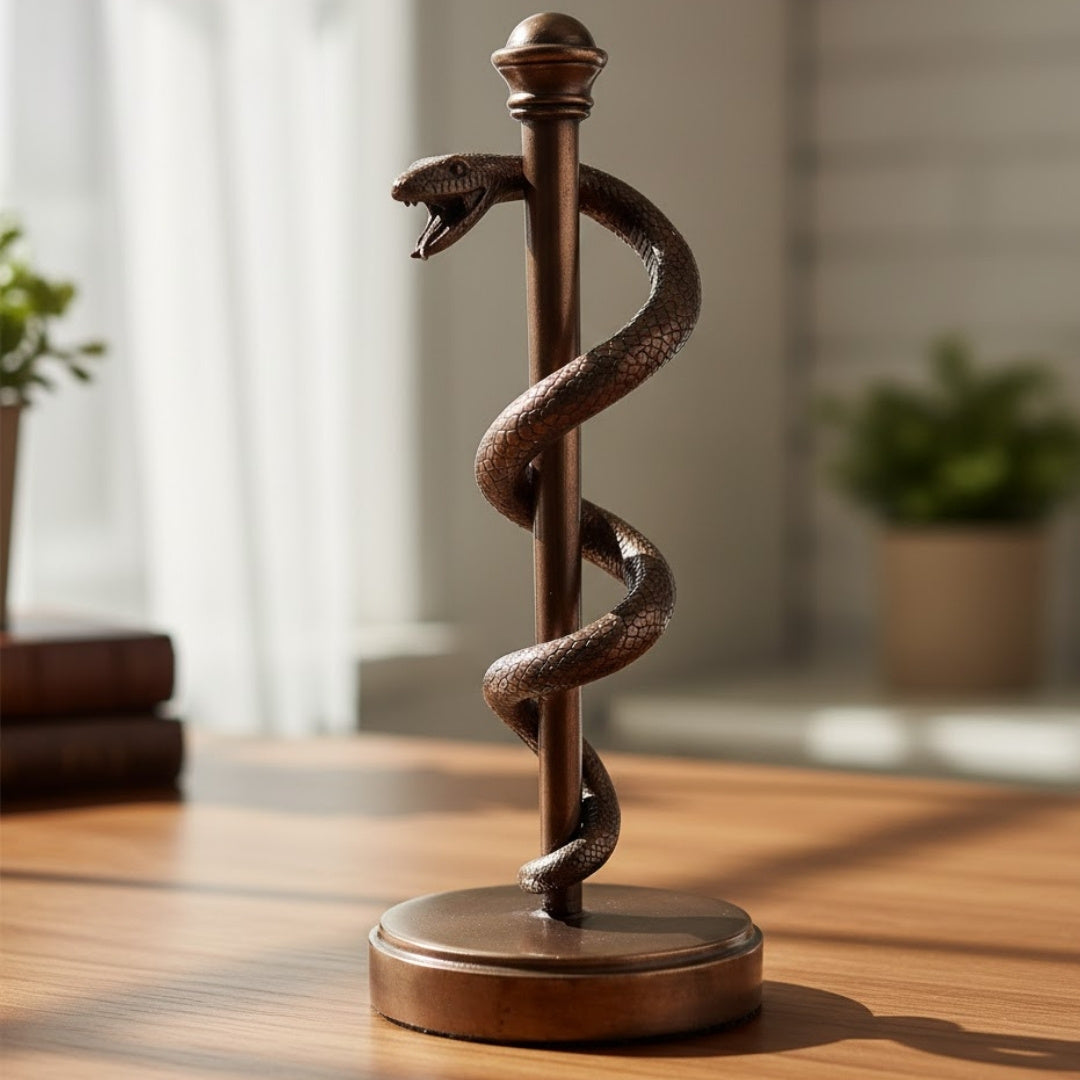 30 cm-es Aszklépiosz pálcája figura gyantából - személyre szabott ajándék orvosnak, ápolónak vagy gyógyszerésznek - barna/réz dekoráció gravírozással