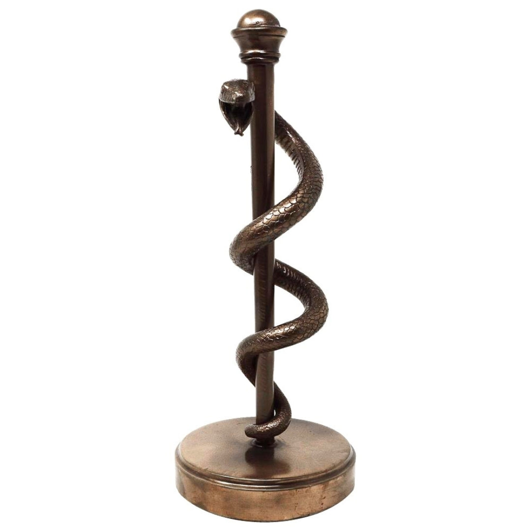 30 cm-es Aszklépiosz pálcája figura gyantából - személyre szabott ajándék orvosnak, ápolónak vagy gyógyszerésznek - barna/réz dekoráció gravírozással
