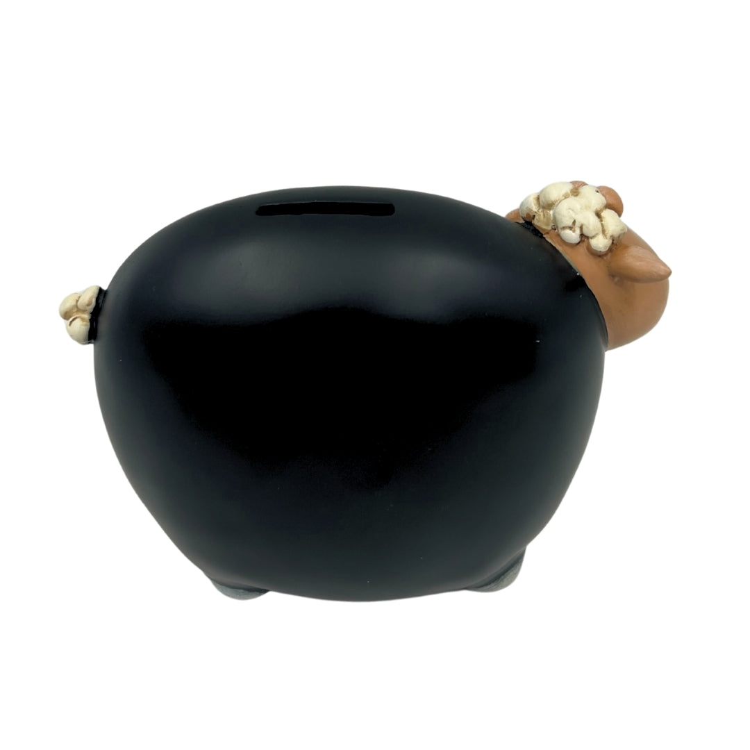 Bárány persely táblafestékkel, személyre szabható gravírozással - fekete bézs és fehér elemekkel, magasság 19,5 cm