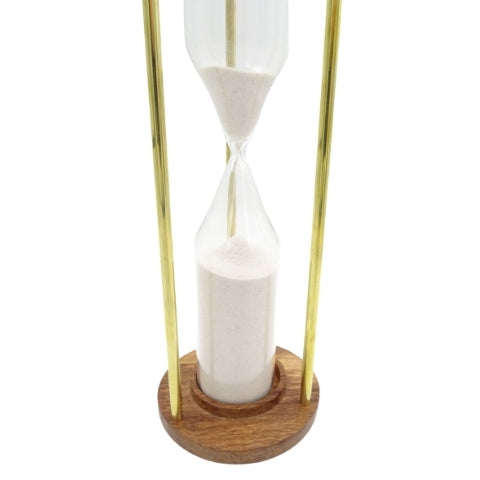 Klepsydra mosiężno-drewniana 30min z możliwością personalizacji grawerem - elegancki prezent na każdą okazję, wys. 30,5cm, biały piasek, klasyczne materiały