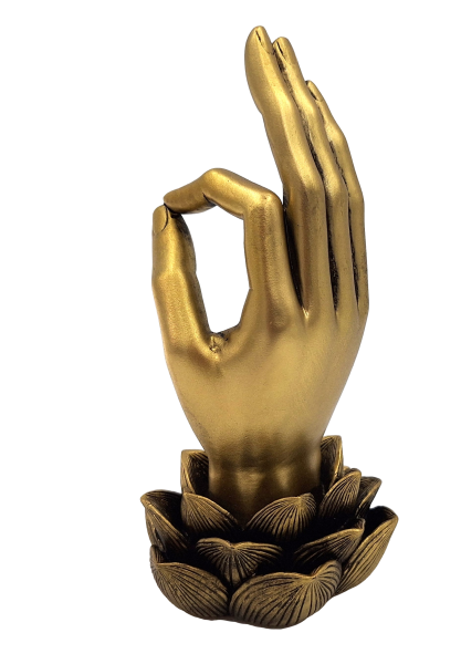 Arany Buddha-kéz Mudra OM szobrocska gravírozással - elegáns ajándék dekoráció - lótuszvirág, 21cm, polirezin, glamour stílus