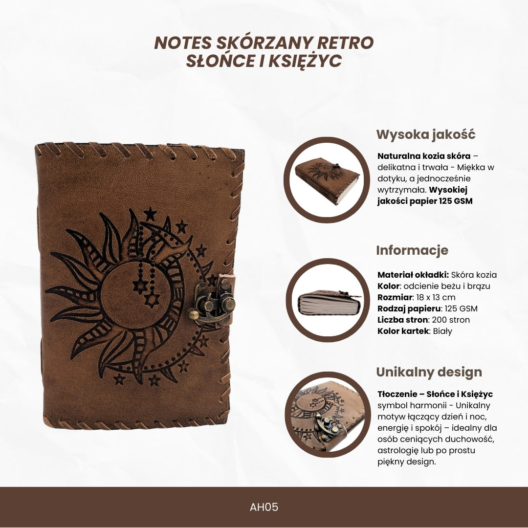 Retro bőr notesz Nap és Hold motívummal, 200 oldal, gravírozással történő személyre szabás lehetőségével, bézs-barna, ideális ajándék művészeknek vagy a mindennapok varázsának kedvelőinek