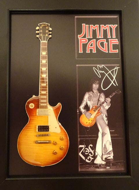 Jimmy Page stílusú minigitár FMG-012 kerettel, személyre szabható gravírozási lehetőség, ideális ajándéknak, fa keret 1,3cm x 16cm x 21,4cm, acél minigitár asztalra állítható vagy falra akasztható kivitelben