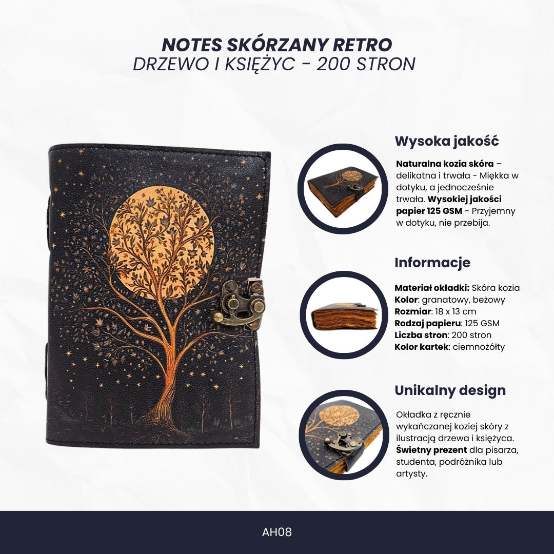 Notes Skórzany Vintage Retro Drzewo i Księżyc 200 stron z możliwością personalizacji grawerem