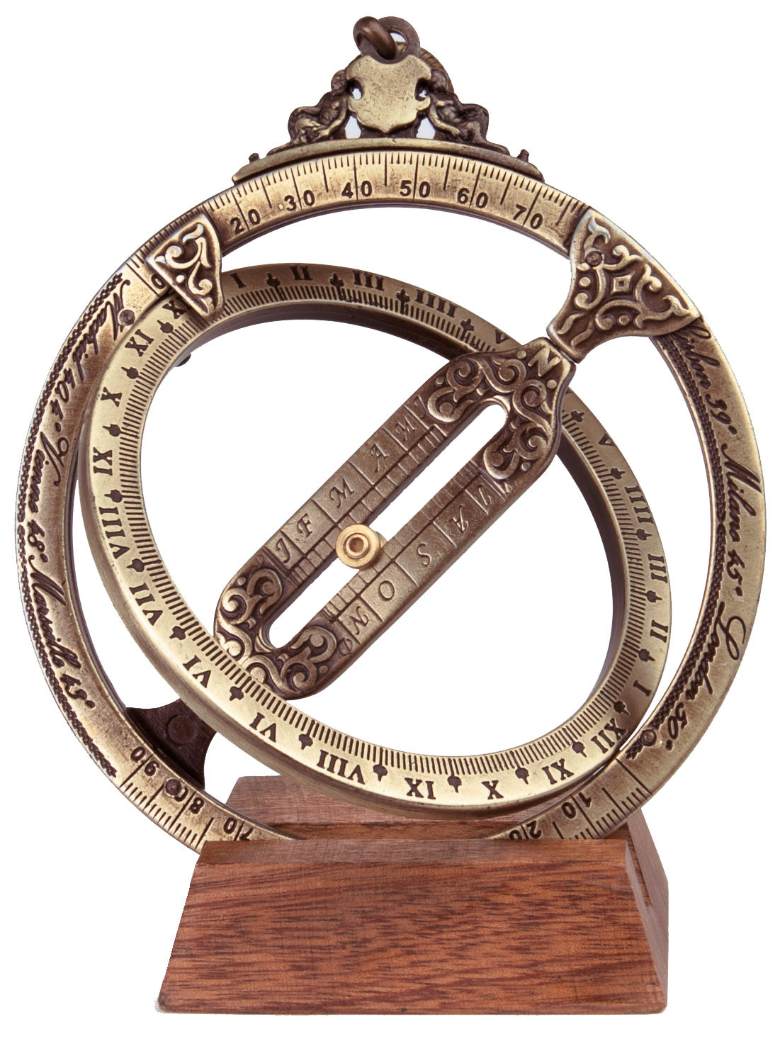 H21 napóra csillagászati gyűrűkkel, személyre szabott gravírozással, elegáns asztali ajándék, magasság 12 cm, sárgaréz és zamak