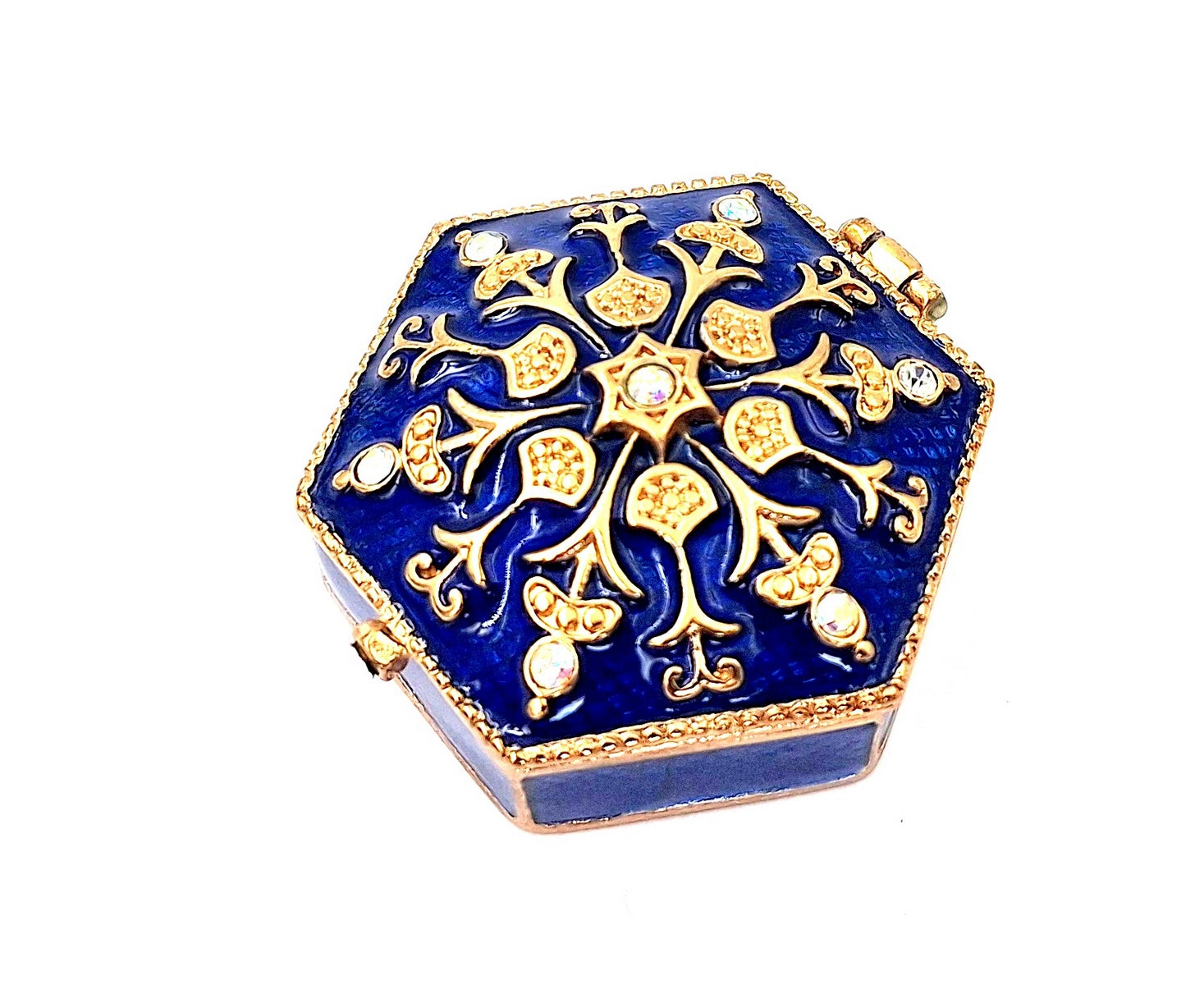 Elegancka metalowa szkatułka prezentowa z kryształkami B0035-08BL w granatowo-złotej kolorystyce z możliwością personalizacji grawerem