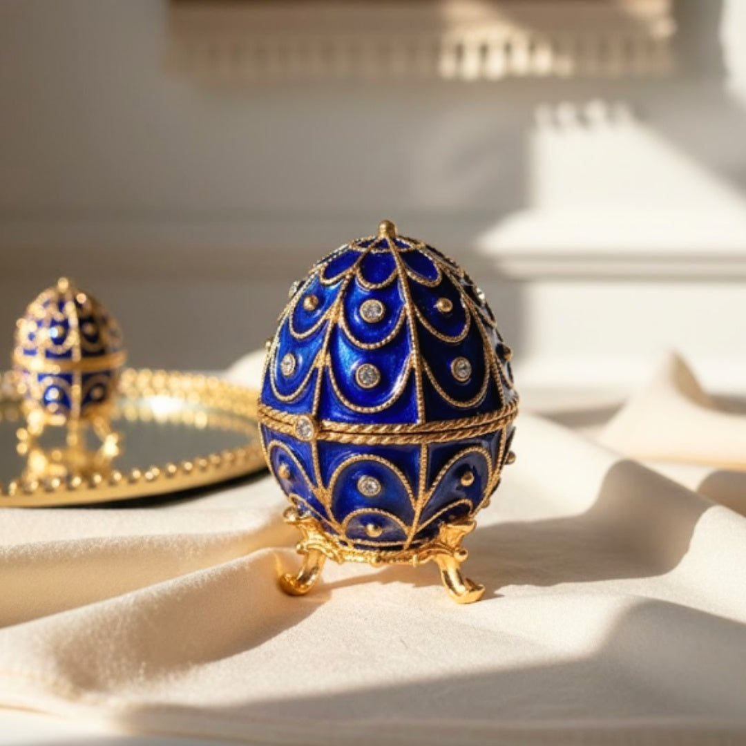 Exkluzív fém ékszerdoboz kristályokkal, Fabergé-tojás formában, sötétkék-arany, 5,5x6,5cm, gravírozással személyre szabható
