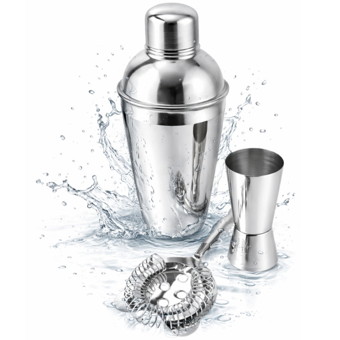 Steel 3 részes bártenderszett személyre szabható gravírozási lehetőséggel - shaker 750 ml, jigger 15/30 ml, strainer - elegáns ajándék a koktélok kedvelőinek, rozsdamentes acél, ezüst szín