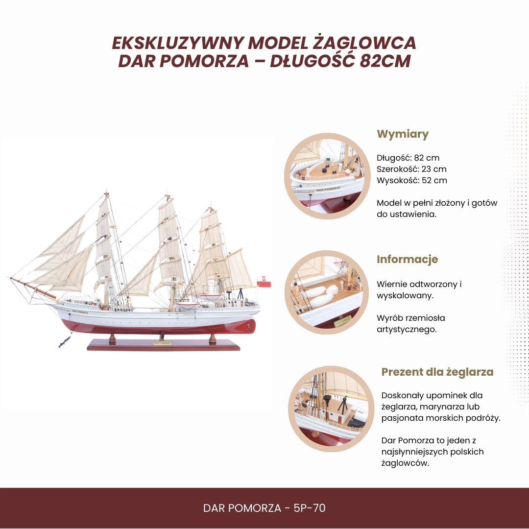 Exkluzív Dar Pomorza vitorláshajó-modell, 82 cm, személyre szabható gravírozással