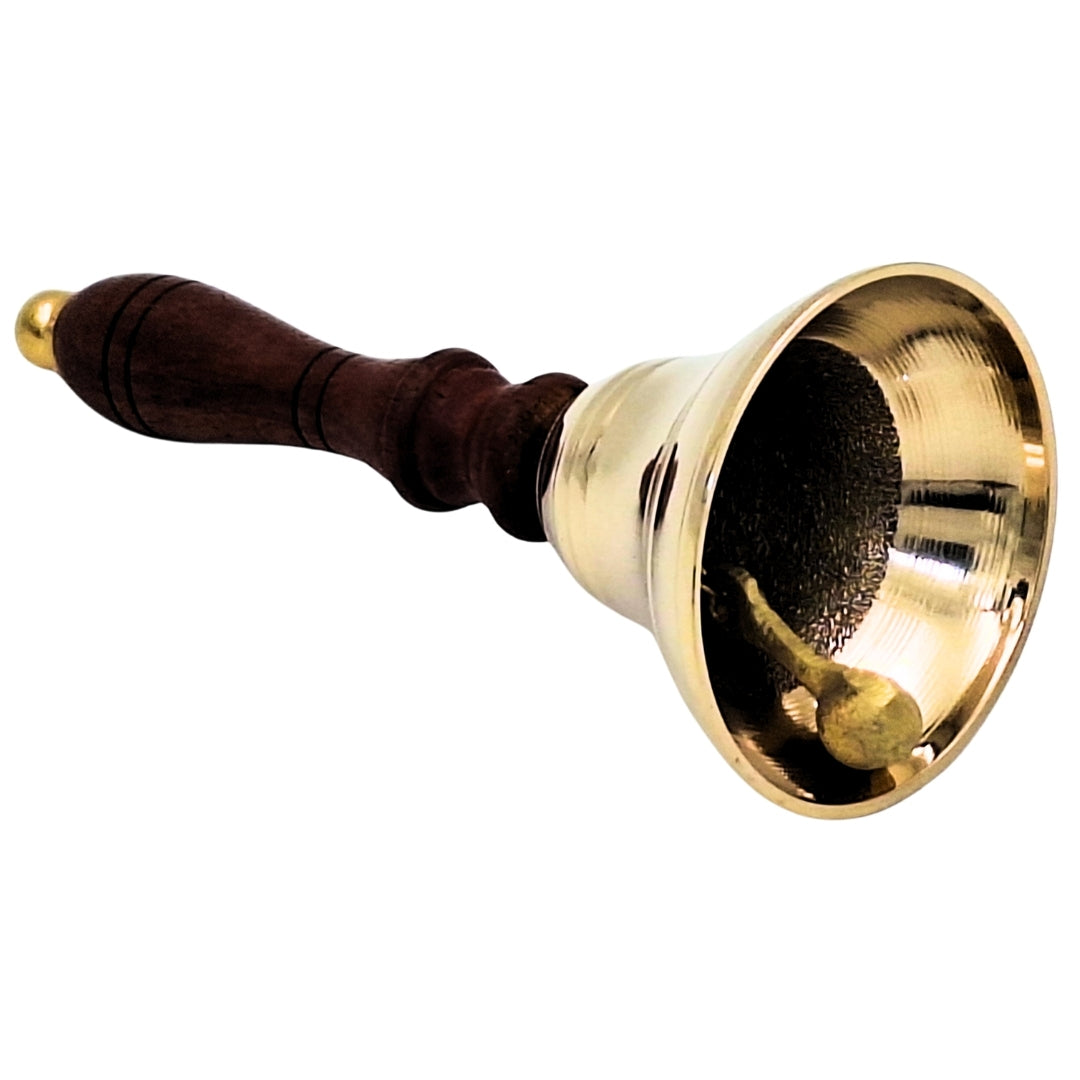 Dzwonek Ręczny Mosiężny z Drewnianą Rączką w Stylu Retro – Personalizowany Grawer, Idealny na Prezent – Wysokość 16 cm, Średnica 7,5 cm, Złoty i Brązowy