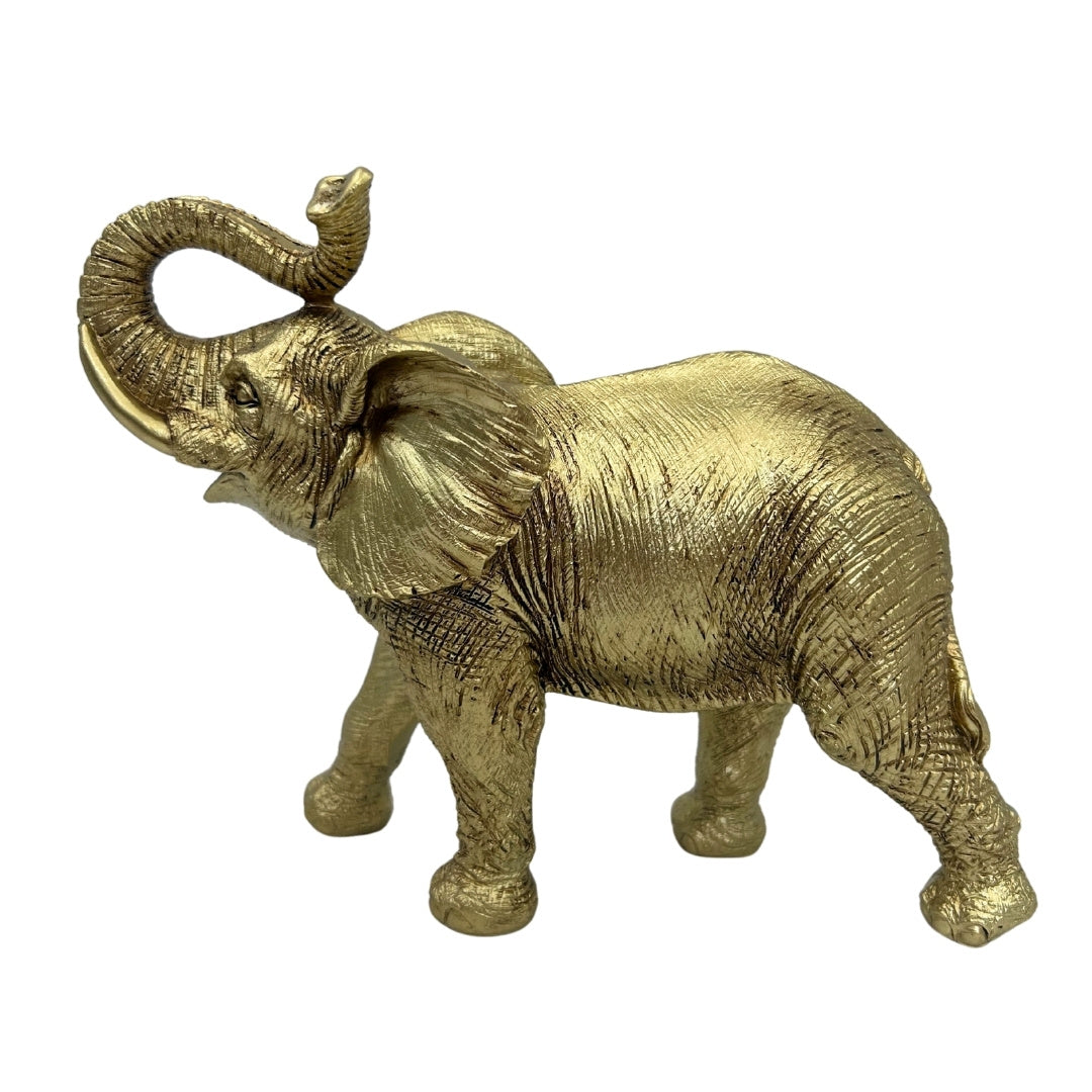Arany elefánt felemelt ormánnyal - elegáns dekoratív figura személyre szabott gravírozási lehetőséggel, ideális ajándék - magasság 20,5 cm, anyag: polyresin