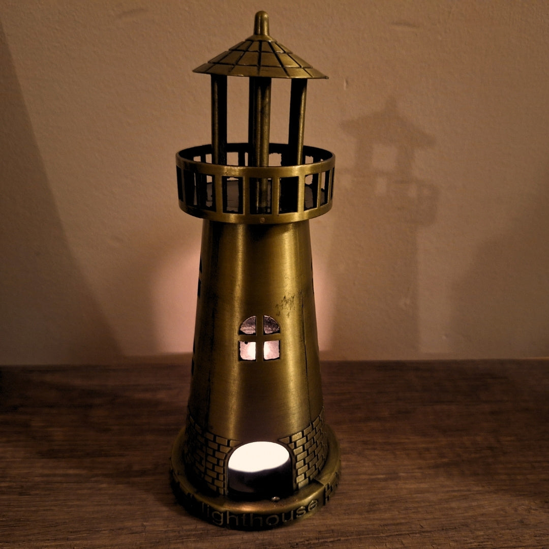 Világítótorony tealight gyertyatartó 18,5 cm antik arany színben, gravírozási lehetőséggel