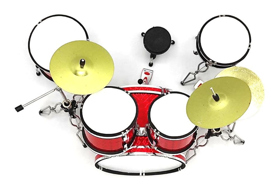 Mini perkusja czerwona MDR-0121 z możliwością personalizacji grawerem, idealna na prezent, wysokość 15 cm, wykonana z metalu i plastiku, skala 1:5