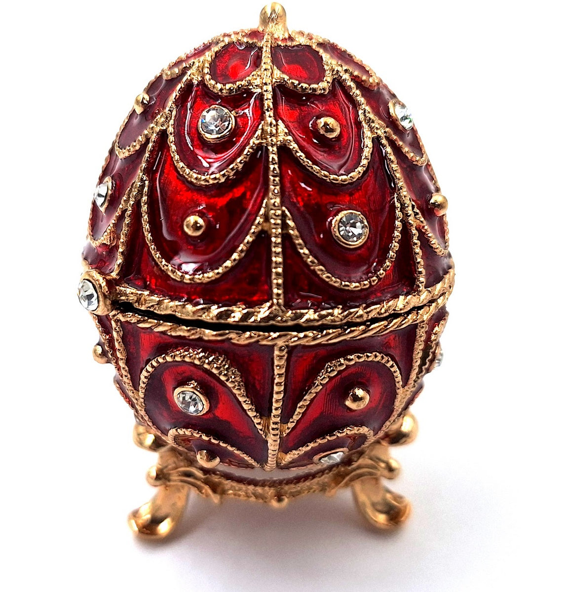 Ekskluzywna metalowa szkatułka Fabergé z kryształkami w kolorze czerwono-złotym, możliwość personalizacji grawerem, idealna na prezent, wymiary 5,5x6,5cm