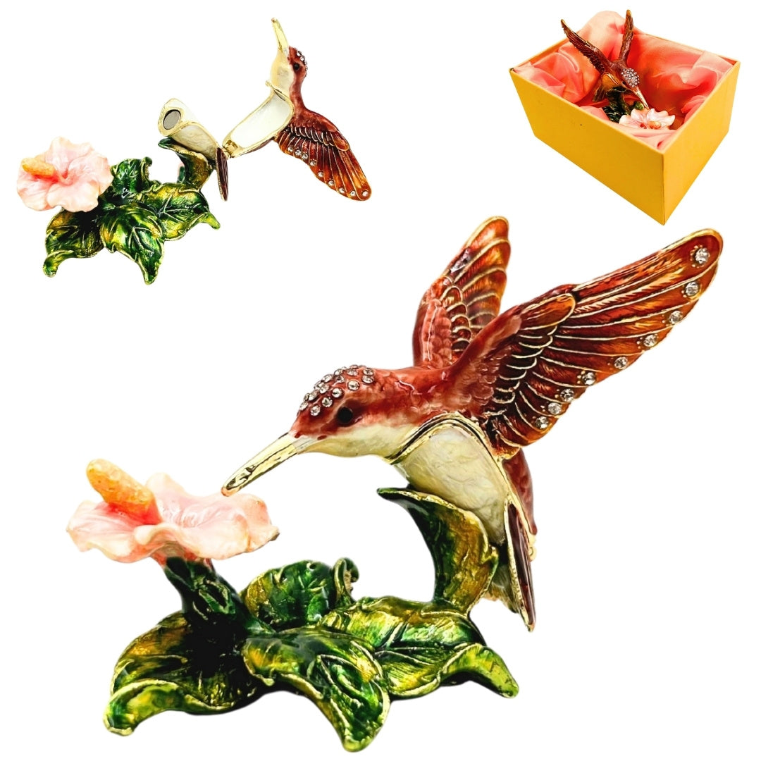 Exkluzív kolibris ékszerdoboz kristályokkal, személyre szabott gravírozás, fém, 8x5.5x7 cm