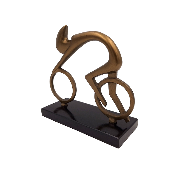 Kerékpáros figura Kerékpáros VB26/9 gravírozással - elegáns ajándék kerékpárosoknak, magasság 18 cm, sárgaréz és fekete, minimalista beltéri dekoráció