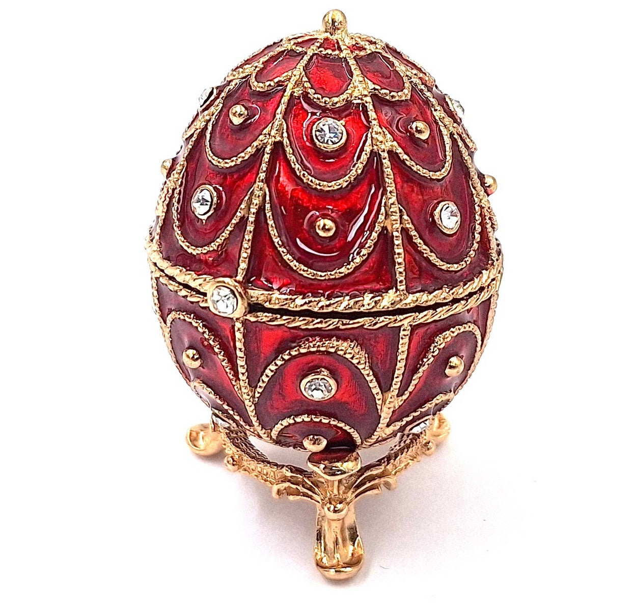Ekskluzywna metalowa szkatułka Fabergé z kryształkami w kolorze czerwono-złotym, możliwość personalizacji grawerem, idealna na prezent, wymiary 5,5x6,5cm