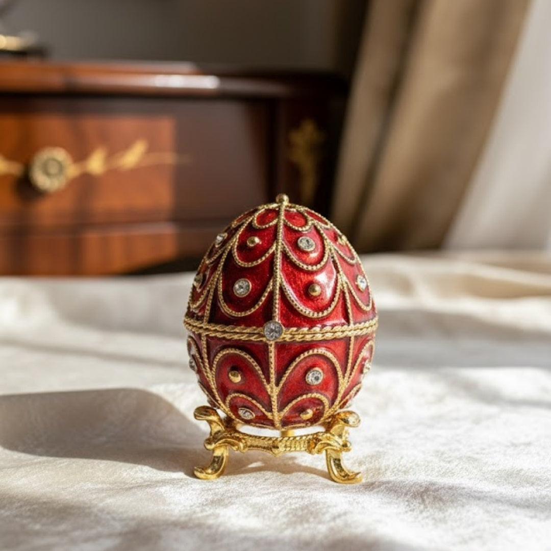 Ekskluzywna metalowa szkatułka Fabergé z kryształkami w kolorze czerwono-złotym, możliwość personalizacji grawerem, idealna na prezent, wymiary 5,5x6,5cm