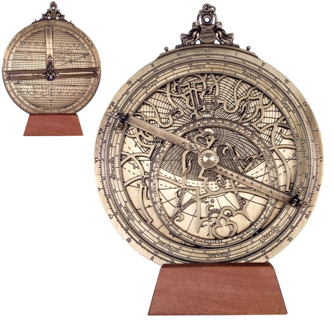 Rojas H34 sárgaréz asztrolábium gravírozással személyre szabható kivitelben – átmérő 20 cm, elegáns ajándék bármilyen alkalomra, kézzel készített reneszánsz stílusú navigációs és csillagászati eszköz