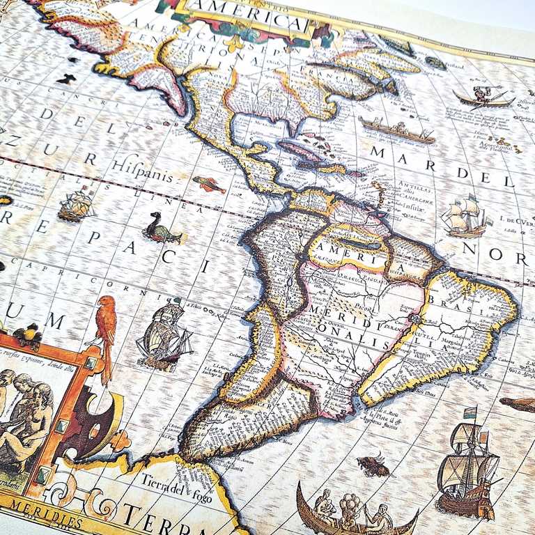 Amerika térképe, 1628. - J. Hondius reprint, személyre szabható gravírozással - ideális ajándék utazóknak és a történelem kedvelőinek - méretek: 37,5 x 50 cm