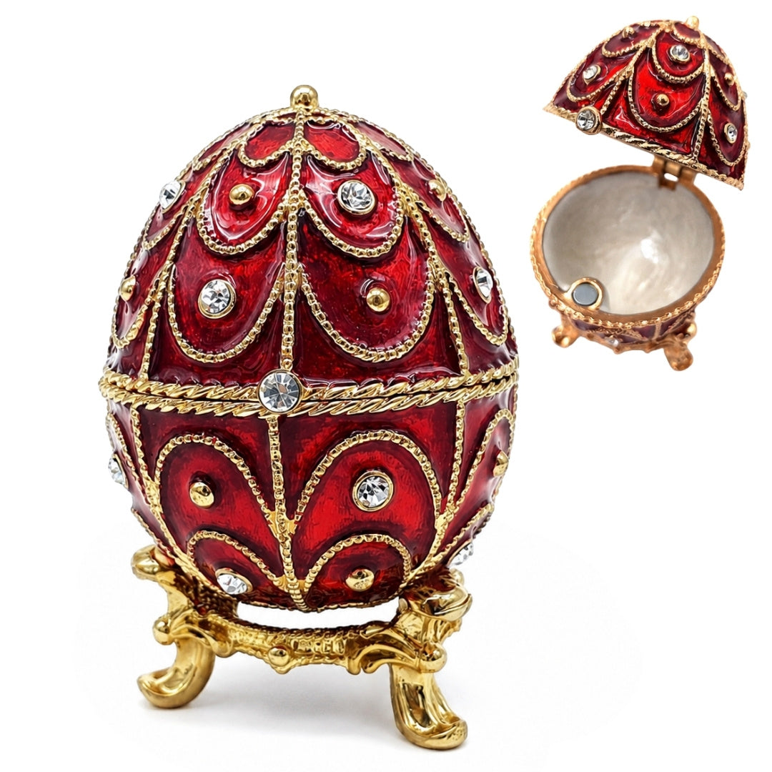 Exkluzív fém Fabergé ékszerdoboz kristályokkal piros-arany színben, gravírozással személyre szabható, ideális ajándék, méretek 5,5x6,5cm