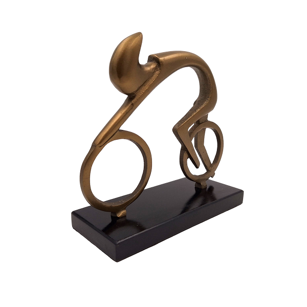 Kerékpáros figura Kerékpáros VB26/9 gravírozással - elegáns ajándék kerékpárosoknak, magasság 18 cm, sárgaréz és fekete, minimalista beltéri dekoráció