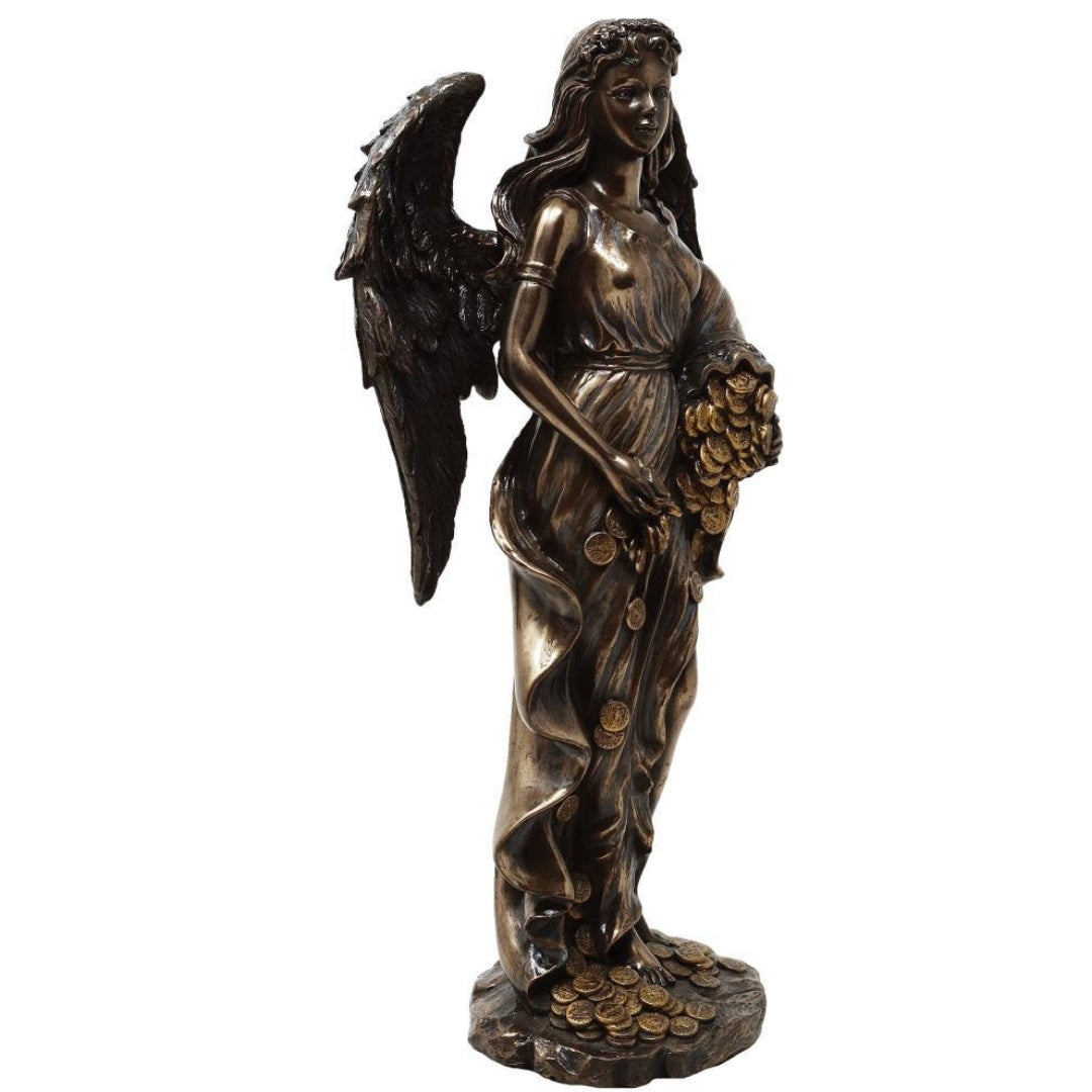 Fortuna, a szerencse és gazdagság istennője figura, 29cm, bőségszaruval - személyre szabott gravírozás ajándékra, elegáns dekoráció gyantakonglomerátumból, barna és réz árnyalatokban