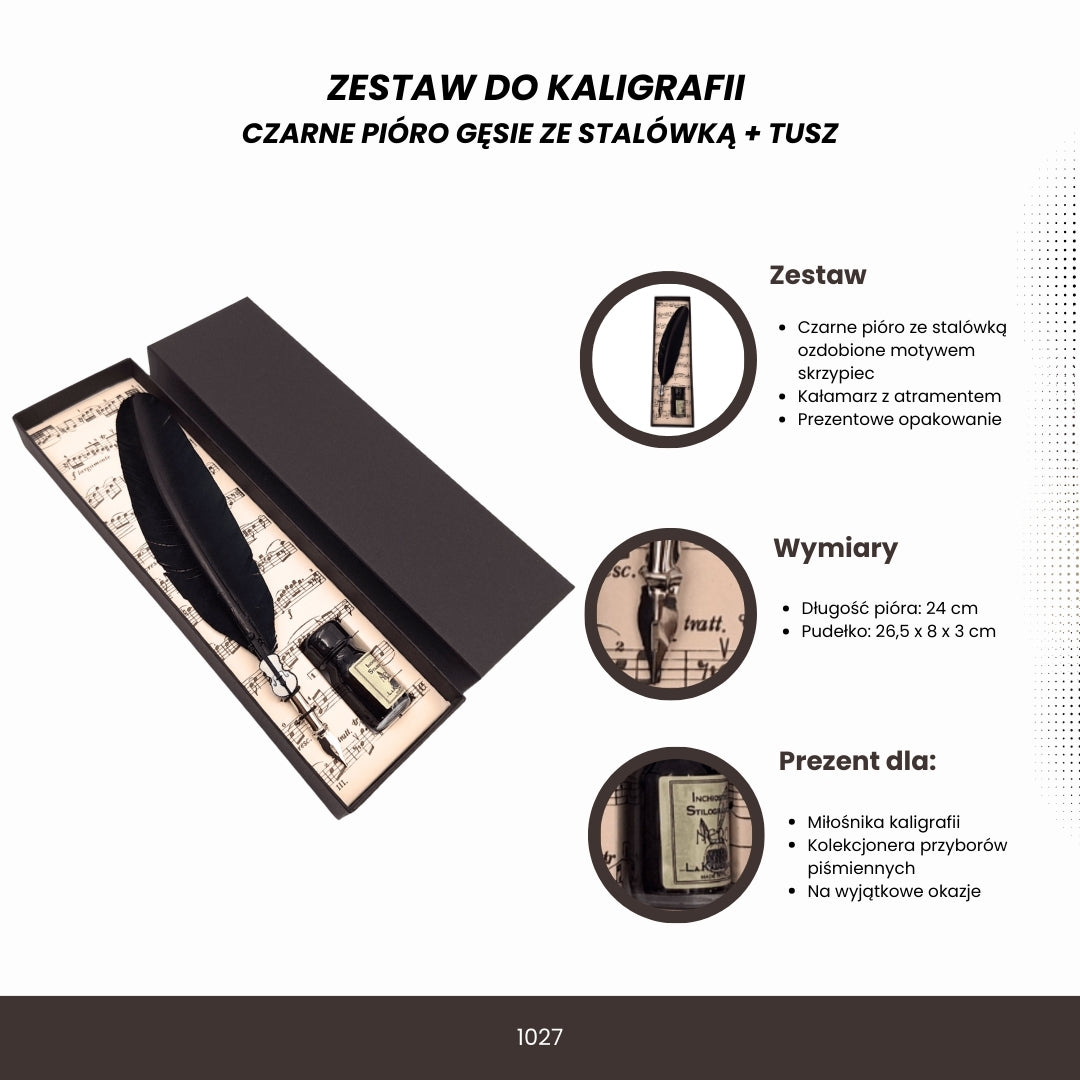 Elegancki zestaw do kaligrafii z czarnym piórem gęsim ze stalówką, tuszem oraz możliwością personalizacji grawerem