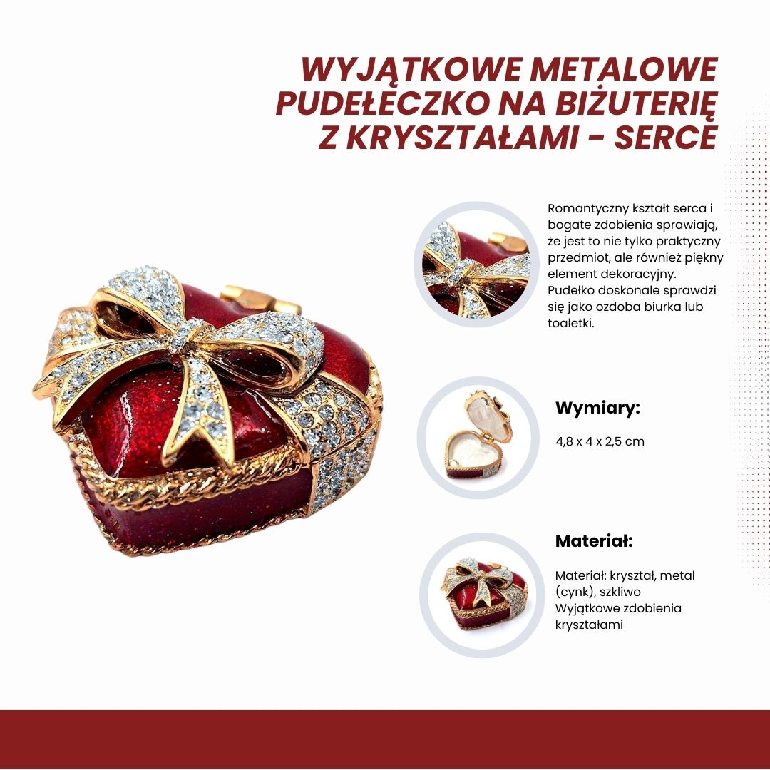 Szív alakú fém ékszerdobozka kristályokkal, piros-arany-ezüst színben, gravírozással személyre szabható, ideális romantikus ajándék, méretek 4,8 x 4 x 2,5 cm