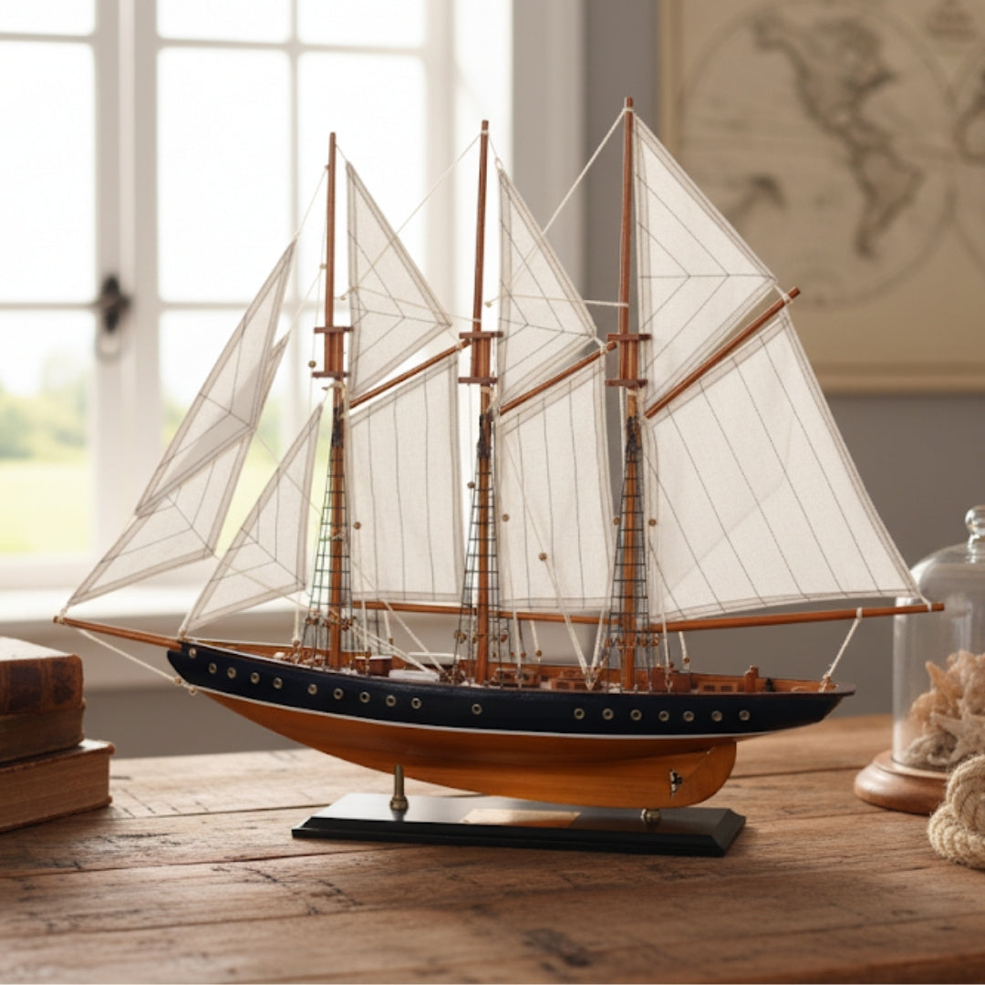 Atlantic szkúner modell, 72cm - a legendás hajó replikája gravírozással személyre szabható kivitelben - ideális ajándék a vitorlázás szerelmeseinek - fából készült, textil vitorlákkal