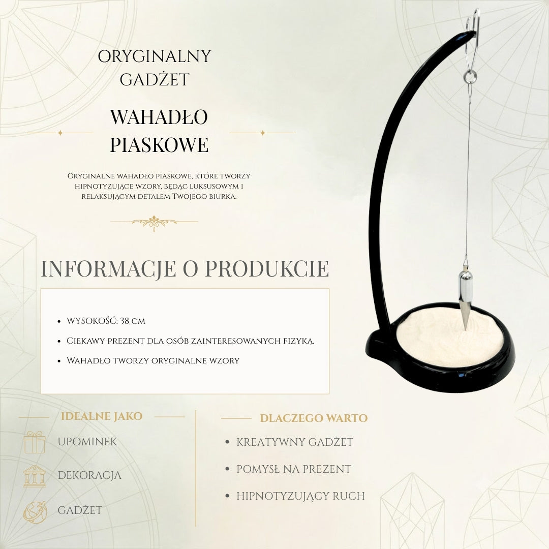 Homokinga Sand Pendulum gravírozással – inspiráló 38cm dekoráció kinetikus homokkal